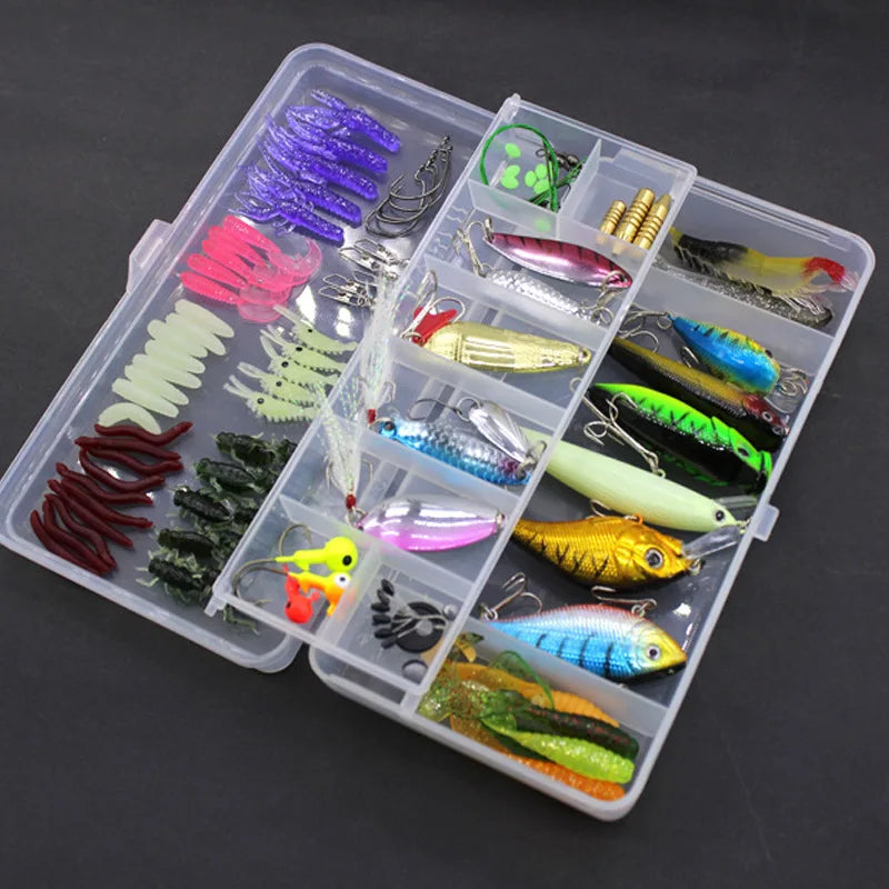 Fishing Lure Kit Criket Shrimp Earthworm VIB Minnow Popper Crank Pencil Spoon Wire Bait Grub Worm Texas Rig Soft Baits