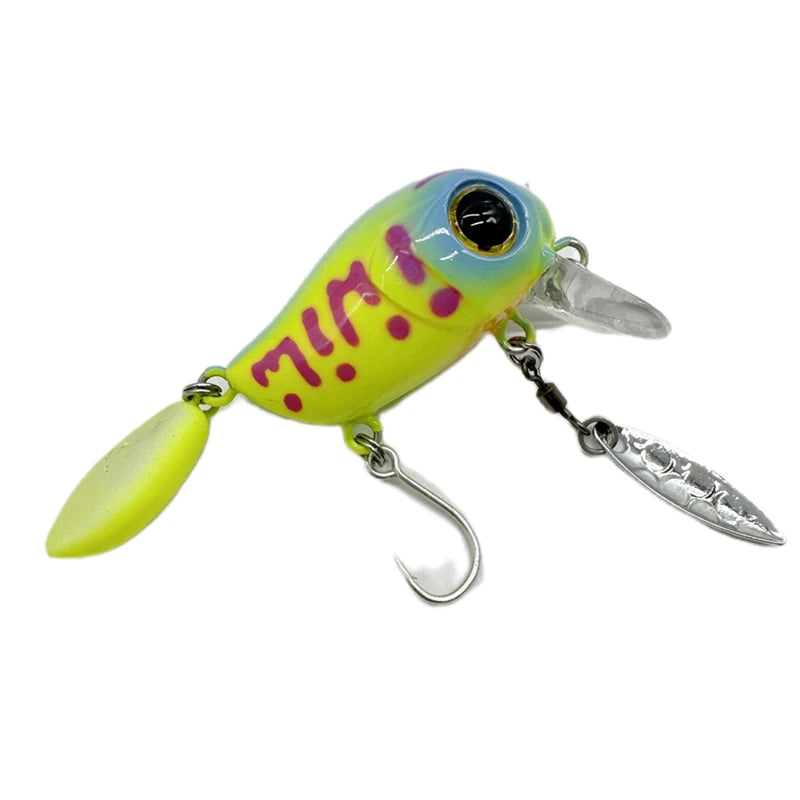 2g Micro Tappy Fishing Lures Crankbait Floating Wobblers Tongue Plate Fishing Spinners Spoon with Feather Rotates Bass Trout