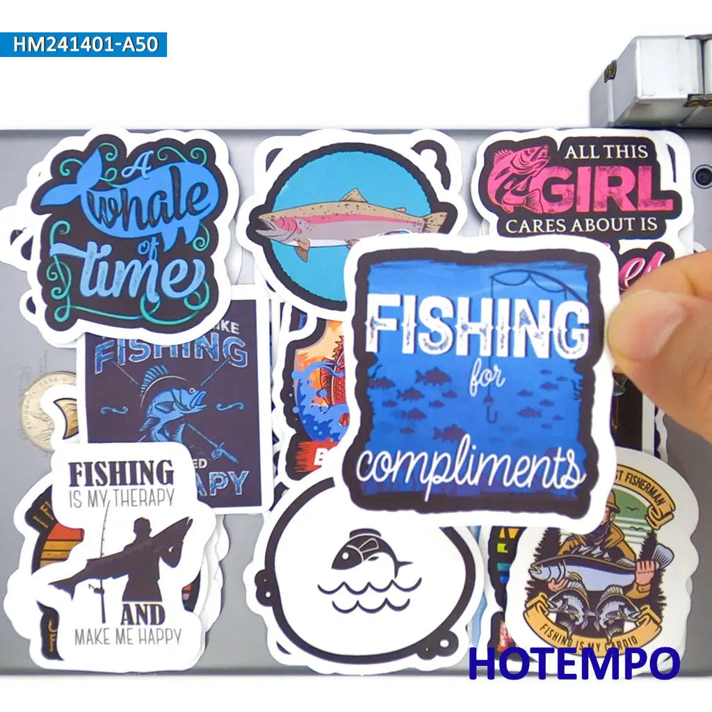 20/30/50Pieces Fisherman Style Funny Slogan Go Fishing Stickers for Boats Luggage Scrapbook Car Motorcycle Phone Laptop Sticker